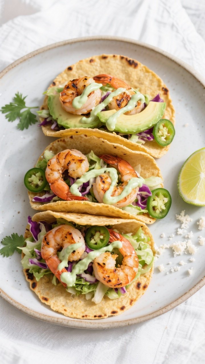 Tasty top view: Overhead shot of assembled Cilantro Lime Grilled Shrimp Tacos on a matte ceramic pla