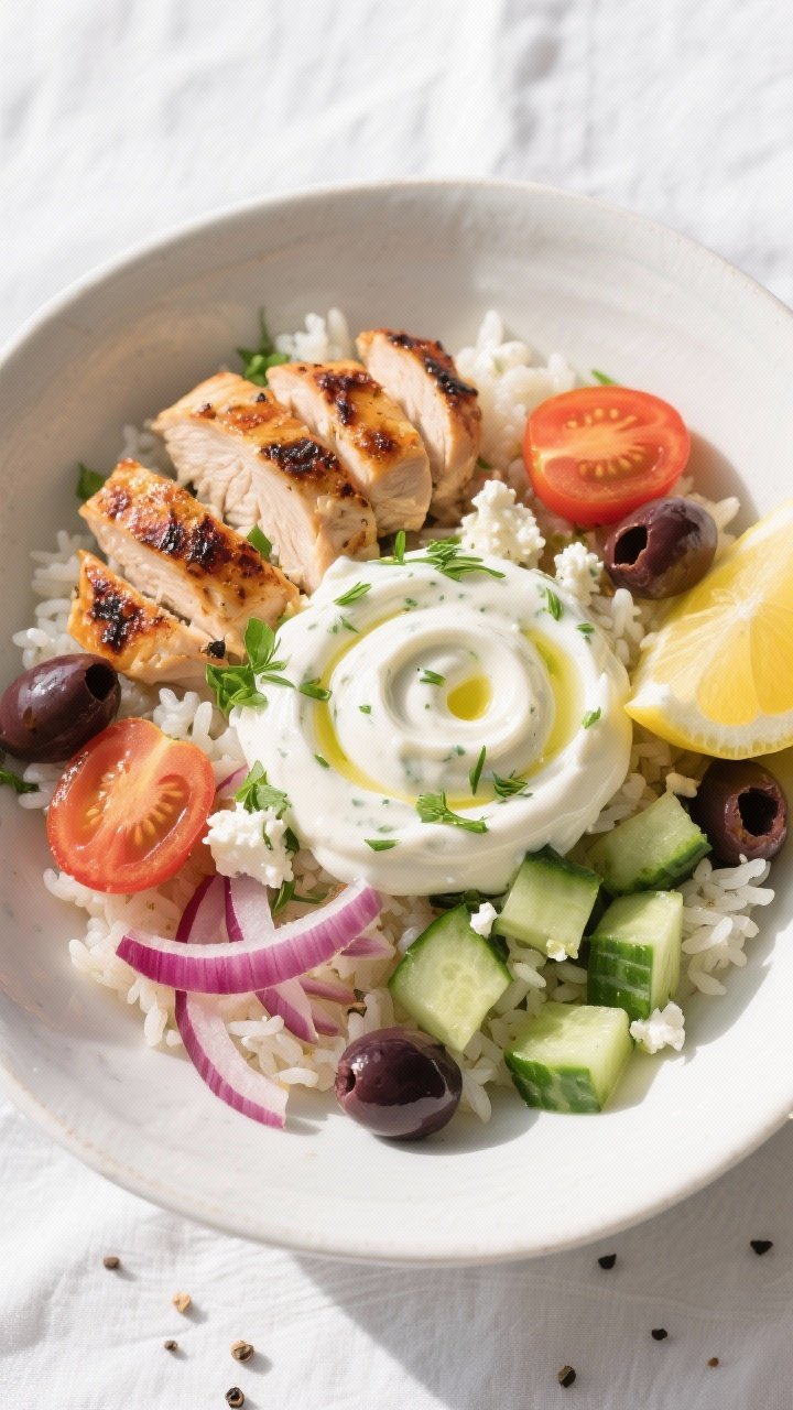 Tasty top view: Overhead shot of assembled Greek Chicken Bowl on a wide white ceramic bowl—fluffy 