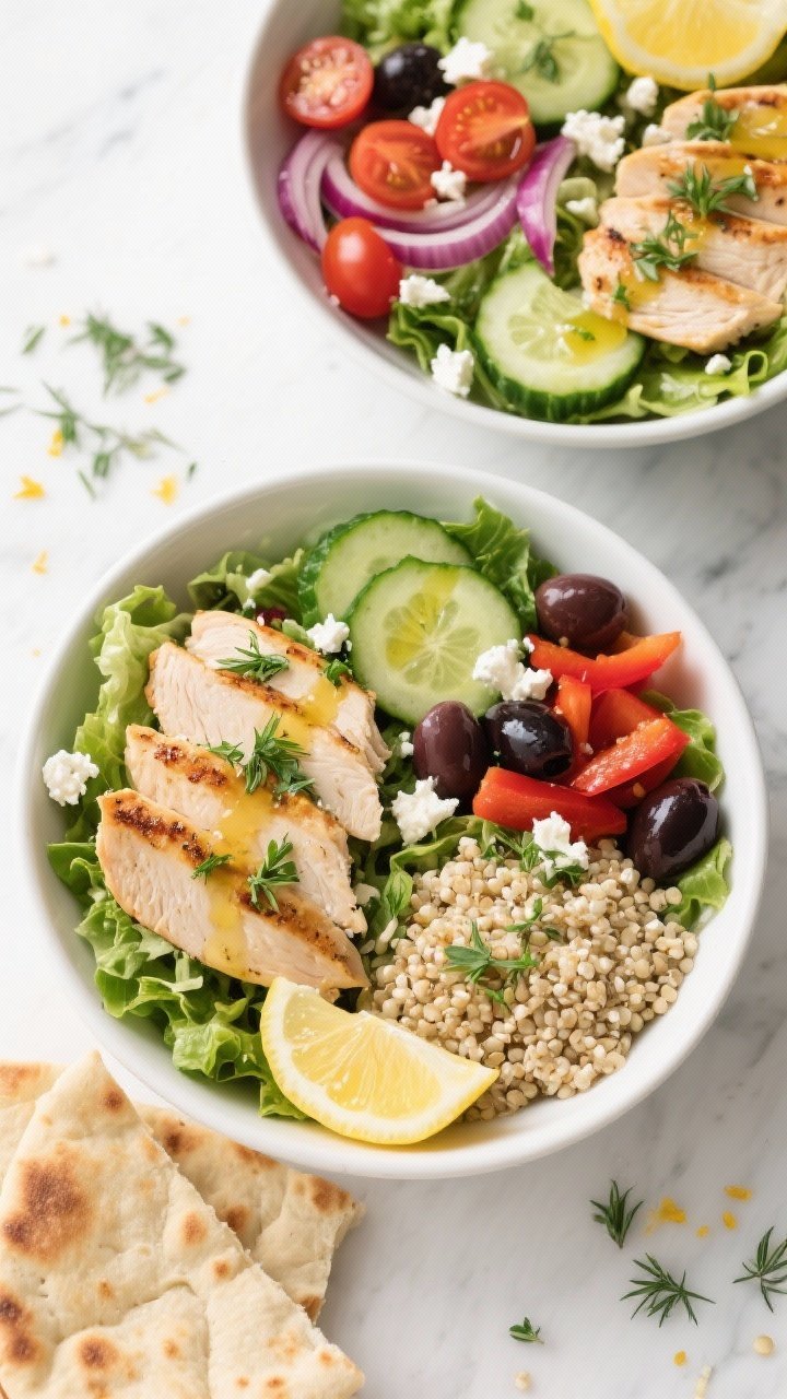 Tasty top view: Overhead shot of assembled Greek Chicken Salad Bowls—chopped romaine base with a n