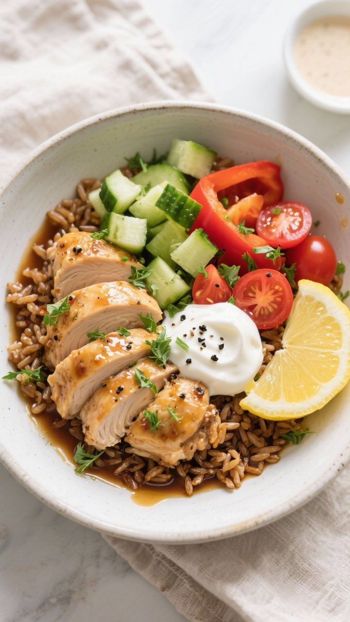 Tasty top view: Overhead shot of assembled Lemon Pepper Chicken Thigh Bowl—fluffy brown rice base 