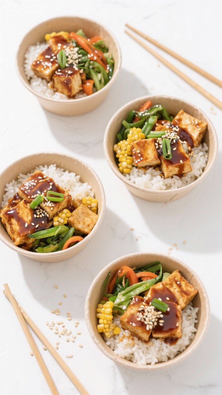 Tasty top view: Overhead shot of assembled meal-prep bowls—three neatly organized Teriyaki Tofu Bo