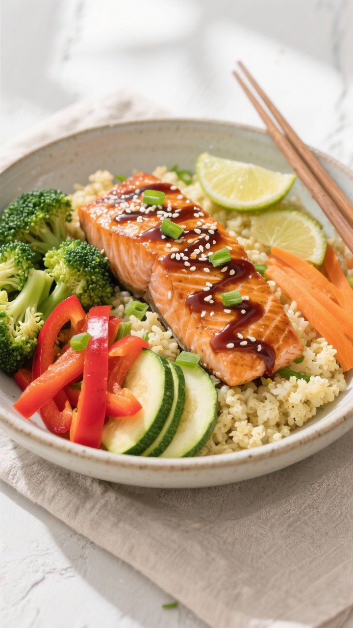 Tasty top view: Overhead shot of assembled Teriyaki Salmon Bowl on a wide, shallow ceramic bowl—go