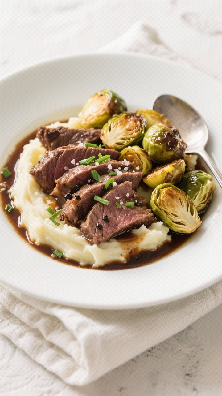 Tasty top view: Overhead shot of Balsamic Beef and Roasted Brussels Sprouts served over creamy mashe