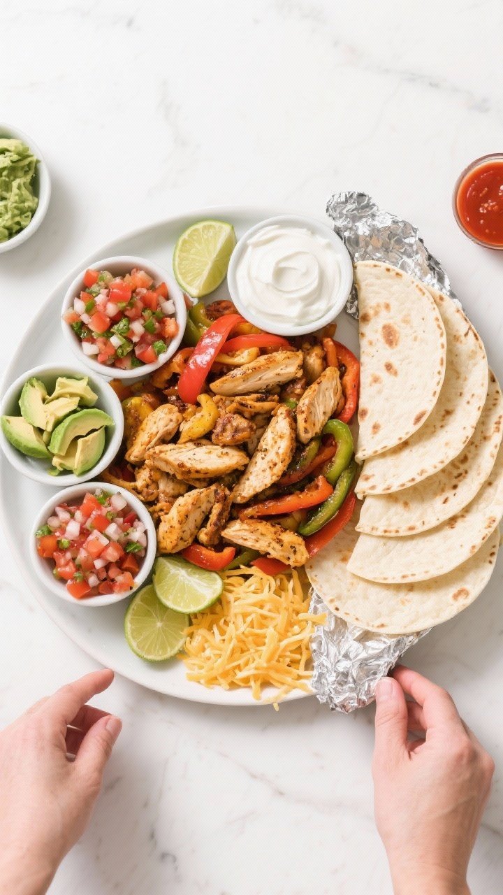 Tasty top view: Overhead shot of build-your-own chicken fajita spread, with warm flour and corn tort