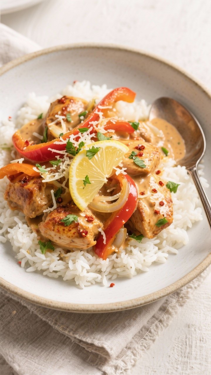Tasty top view: Overhead shot of creamy Cajun chicken with bell peppers served over fluffy white ric