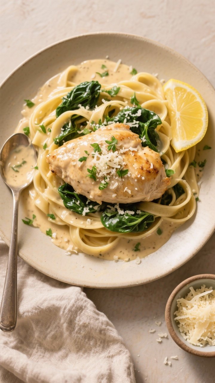 Tasty top view: Overhead shot of Creamy Garlic Parmesan Chicken nestled over buttered fettuccine, sa