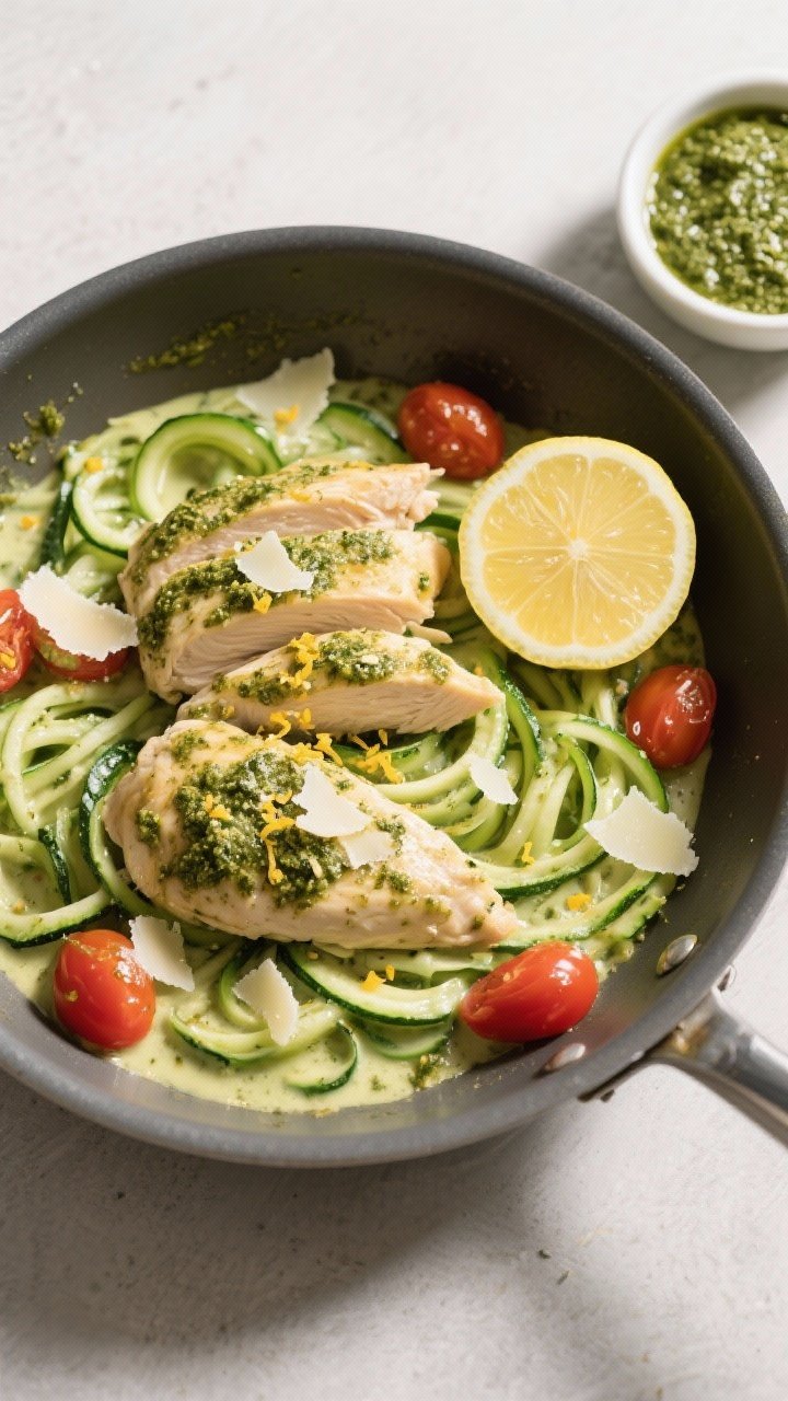 Tasty top view: Overhead shot of creamy pesto chicken folded with crisp-tender zucchini zoodles in a