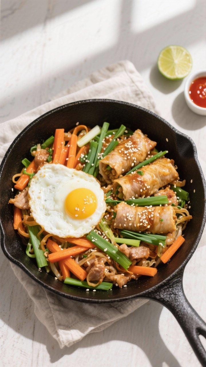 Tasty top view: Overhead shot of “Egg Roll in a Bowl” served family-style in a matte black skill