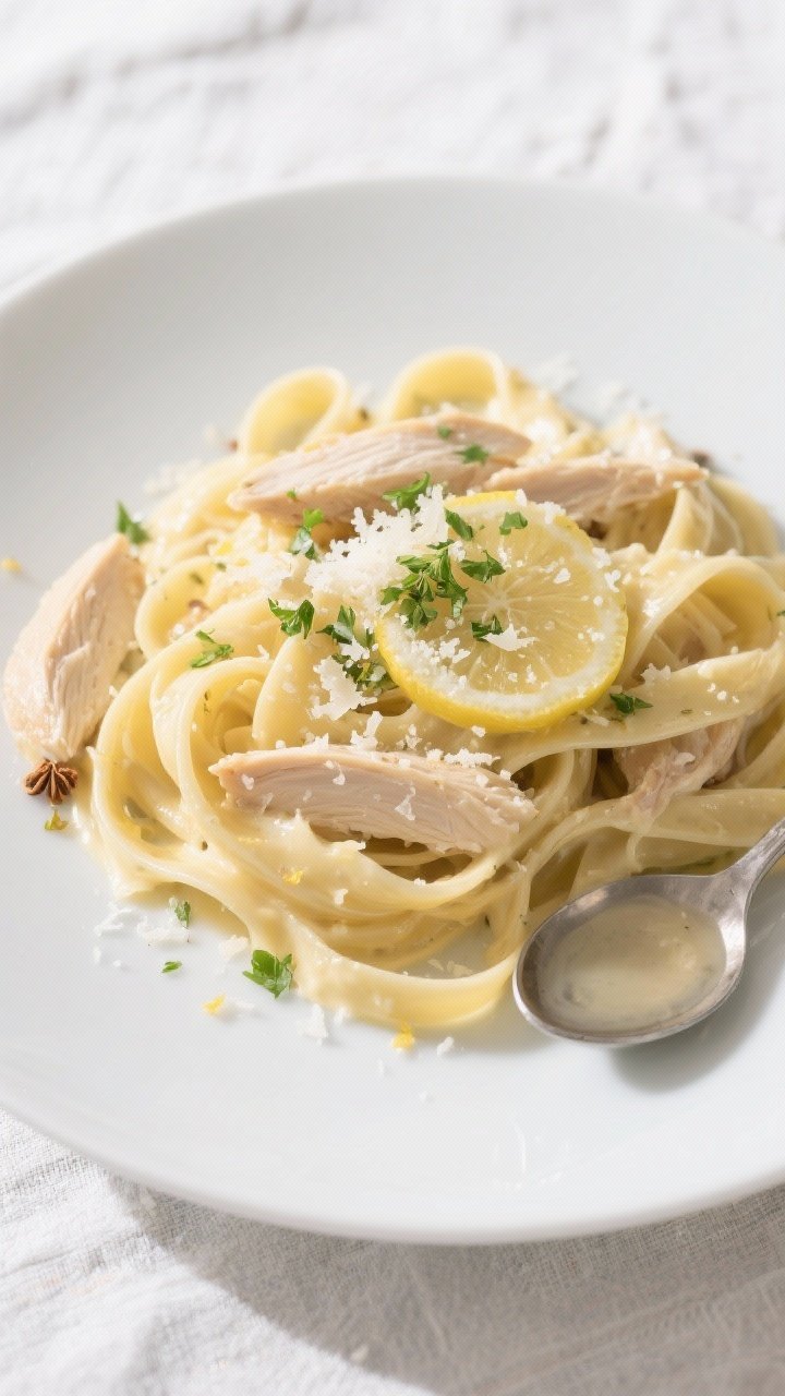Tasty top view: Overhead shot of fettuccine Alfredo with chicken just after tossing, sauce clinging