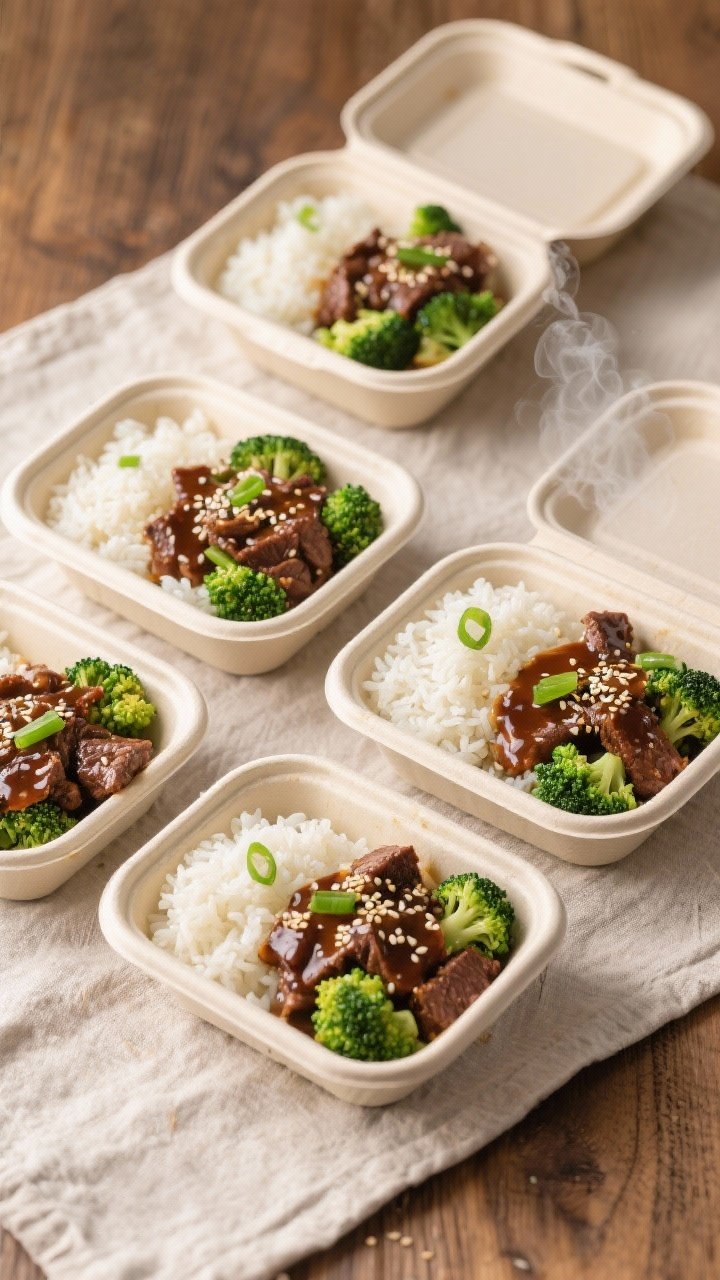 Tasty top view: Overhead shot of four meal prep containers neatly arranged, each with a base of fluf