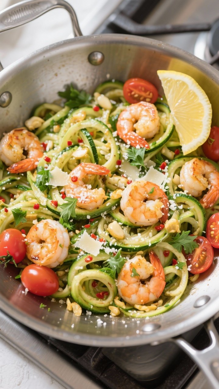 Tasty top view: Overhead shot of Garlic Butter Shrimp Zoodles in a wide stainless or nonstick skille