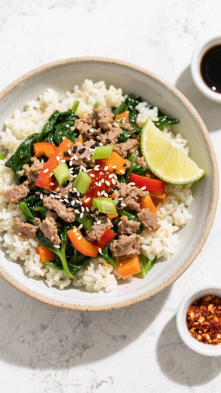 Tasty top view: Overhead shot of Ground Turkey Cauliflower Rice Bowl assembled in a wide ceramic bow