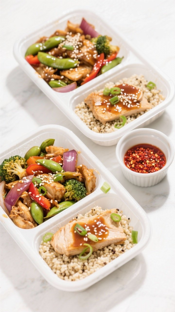 Tasty top view — Overhead shot of meal-prep containers filled with the finished chicken stir-fry: 