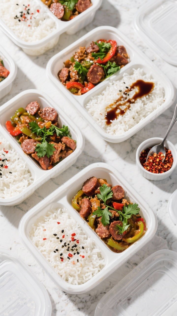 Tasty top view: Overhead shot of meal-prep containers neatly filled in sections—fluffy white rice 
