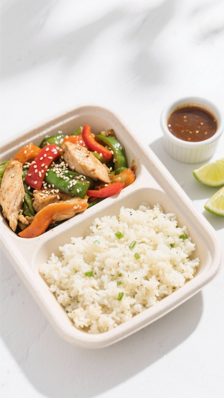 Tasty top view: Overhead shot of meal-prep style portions—separate compartments for cauliflower ri