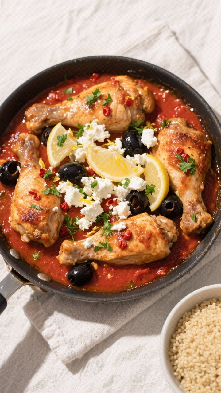 Tasty top view: Overhead shot of Mediterranean Chicken with Olives and Feta just finished in the pan
