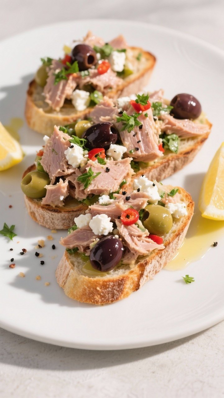 Tasty top view: Overhead shot of Mediterranean tuna salad piled onto toasted sourdough slices, arran