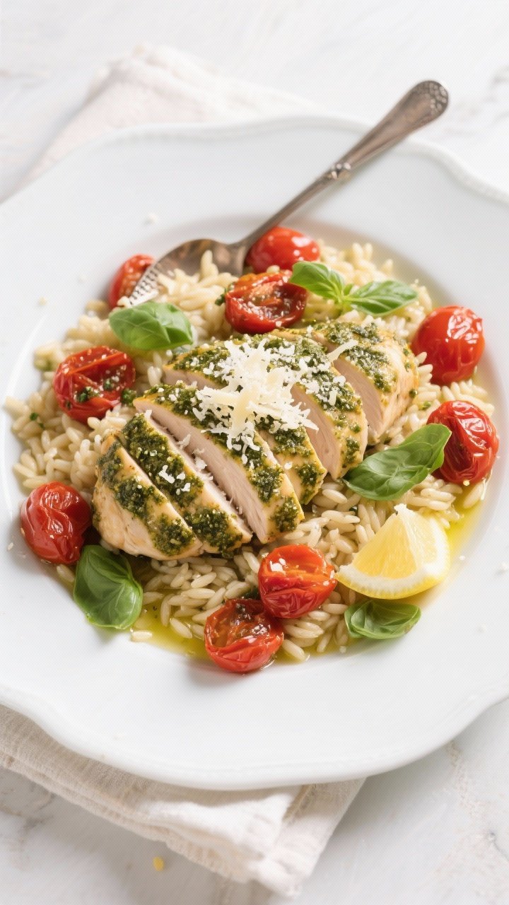 Tasty top view: Overhead shot of sliced pesto chicken breast fanned over al dente orzo, spooned with
