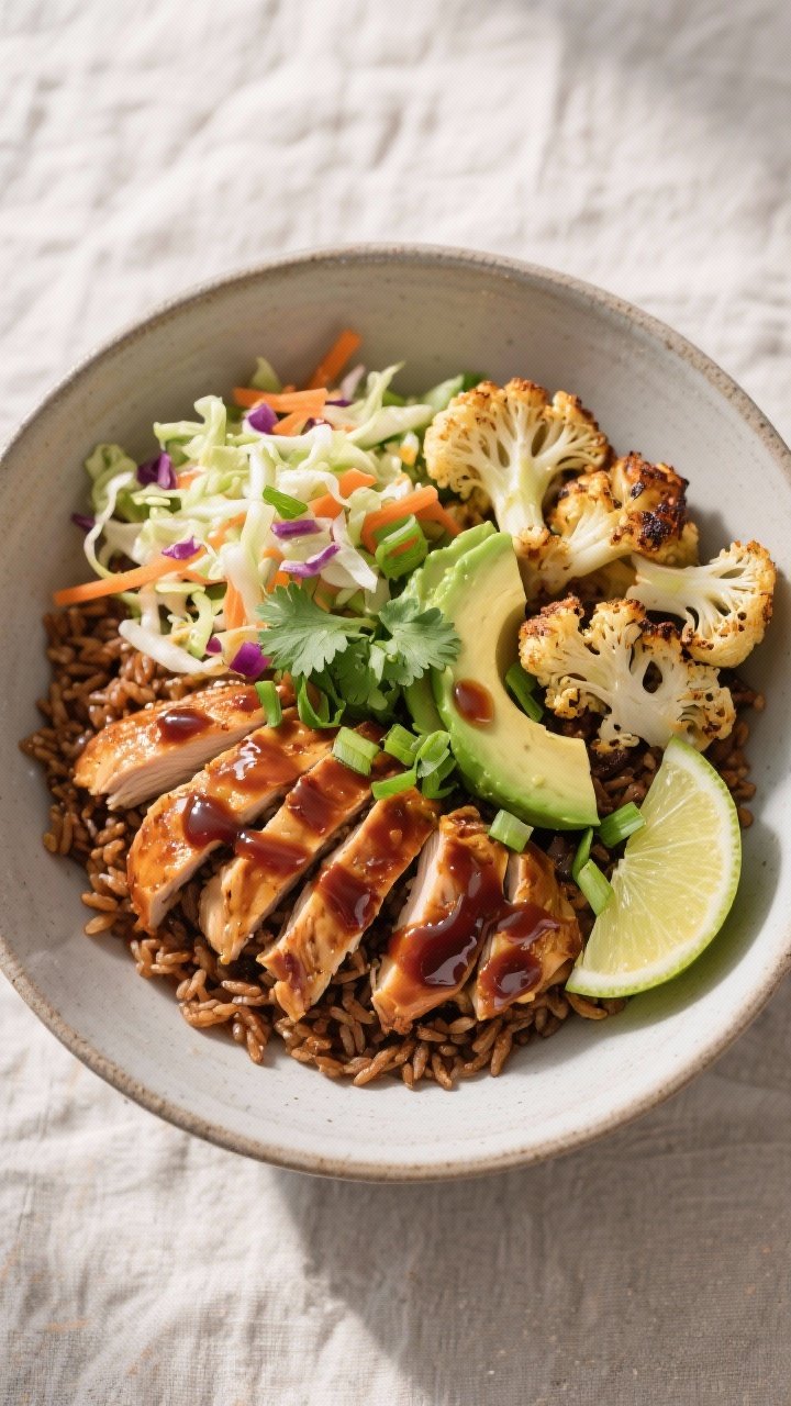 Tasty top view: Overhead shot of the assembled BBQ Chicken and Roasted Cauliflower Bowl—base of fl