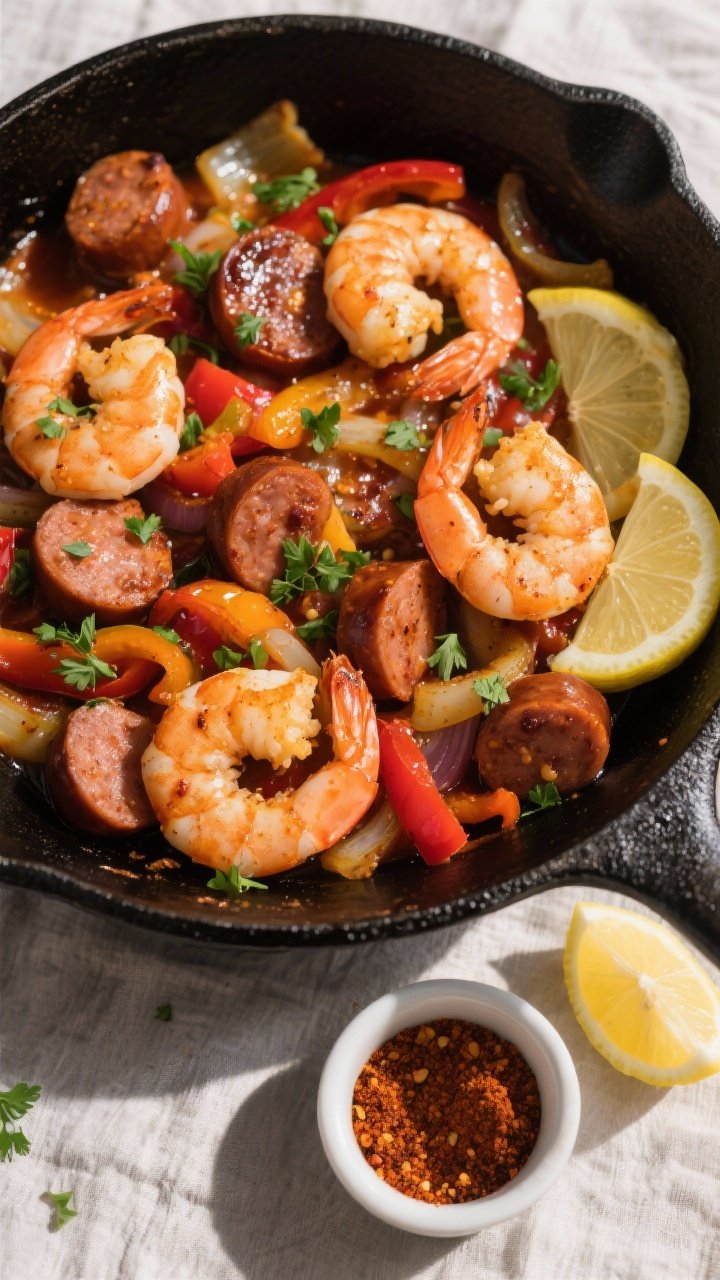 Tasty top view: Overhead shot of the finished Cajun Shrimp and Sausage Skillet in a large black skil
