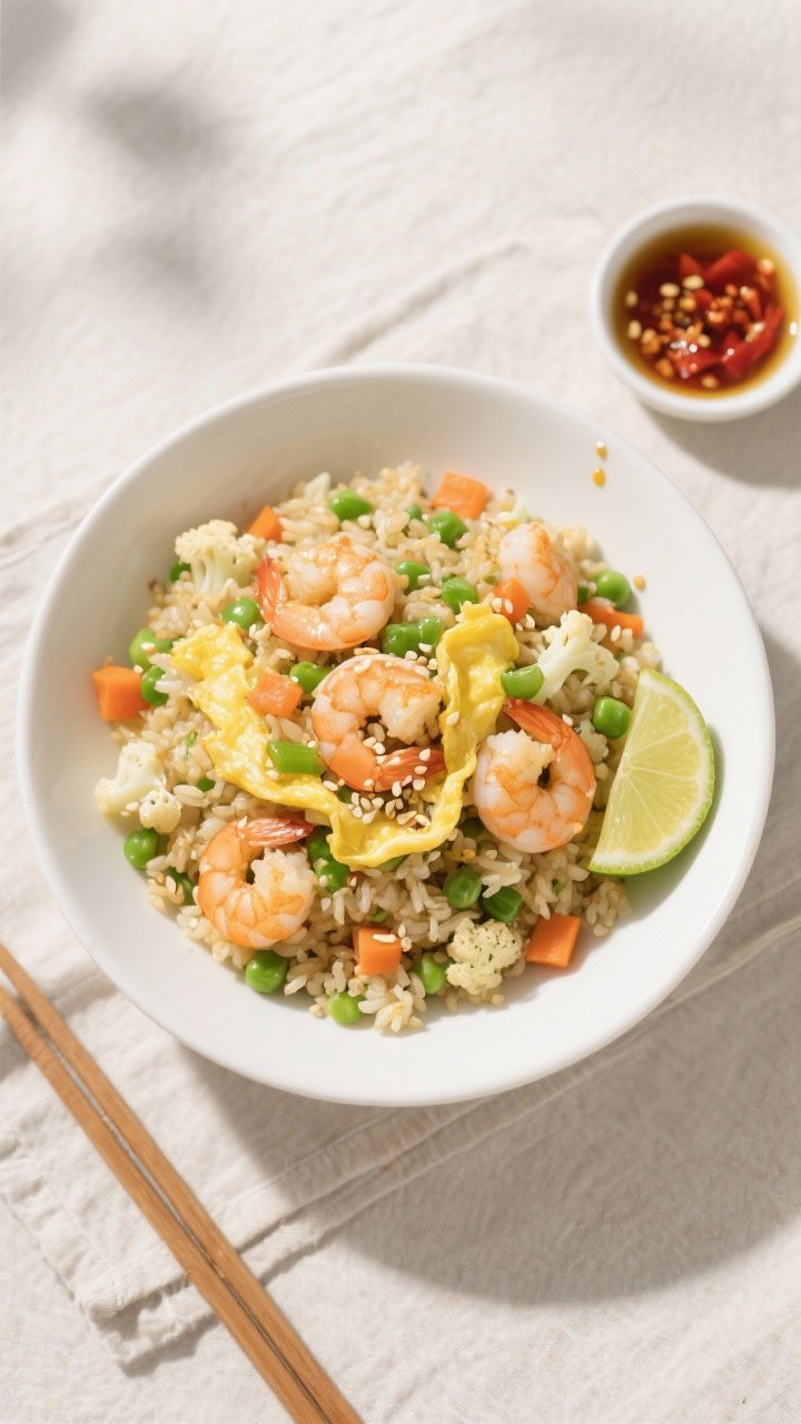 Tasty top view: Overhead shot of the finished Cauliflower Fried Rice with Shrimp plated in a wide wh