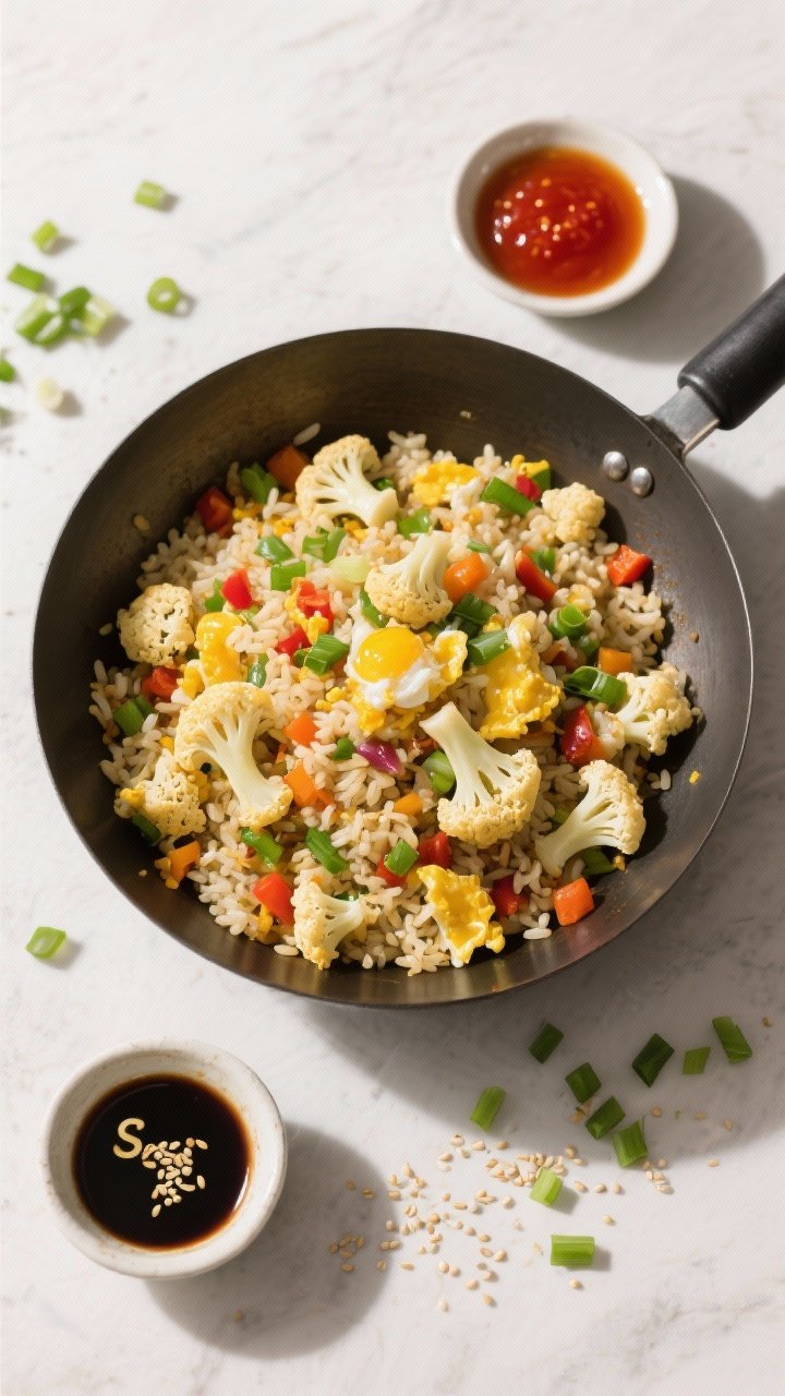Tasty top view: Overhead shot of the finished cauliflower fried rice in a wide wok, showing an even 