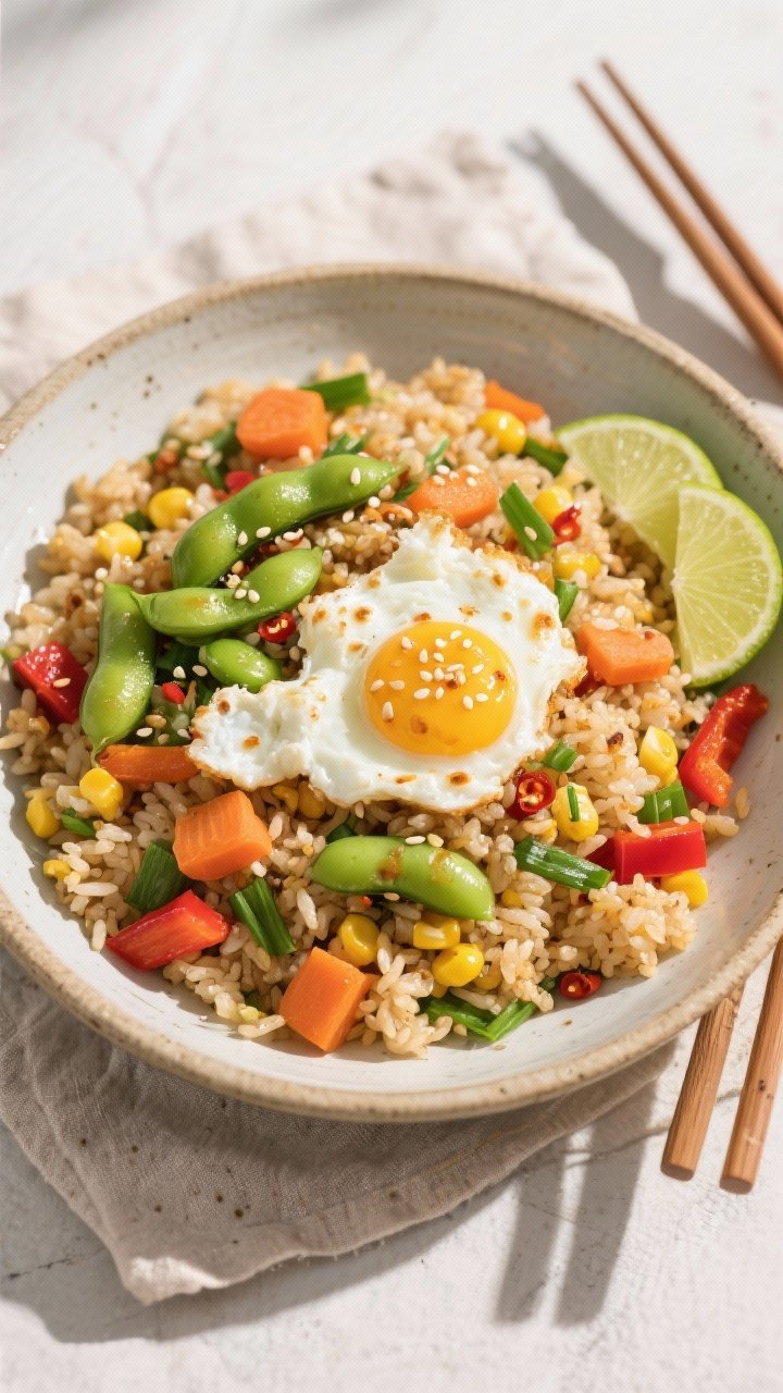 Tasty top view: Overhead shot of the finished High-Protein Veggie Egg Fried Rice served family-style
