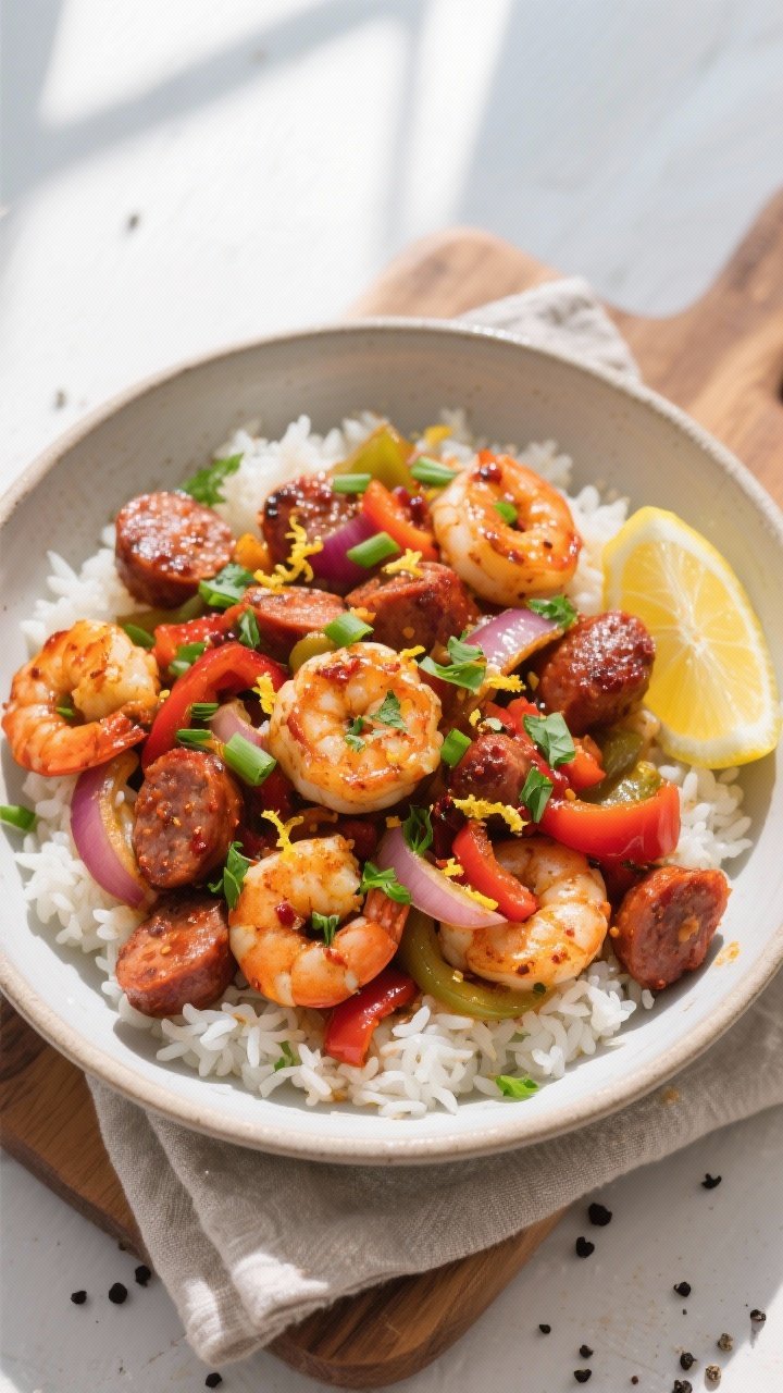 Tasty top view: Overhead shot of the finished Spicy Cajun Shrimp and Sausage Skillet served over flu