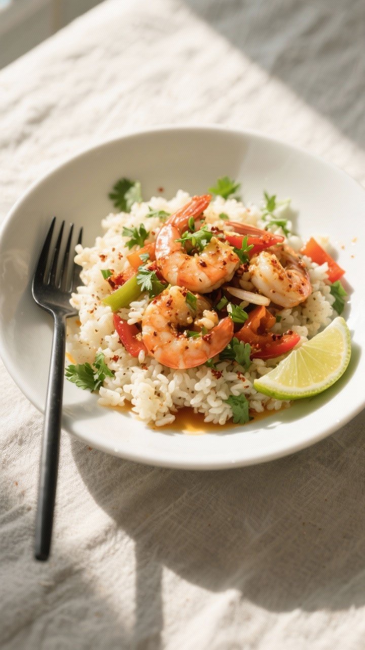 Tasty top view: Overhead shot of the finished spicy garlic shrimp spooned over fluffy cauliflower ri