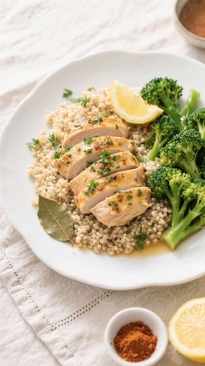 Tasty top view: Overhead shot of the full plated dish—garlic herb chicken over a bed of fluffy qui