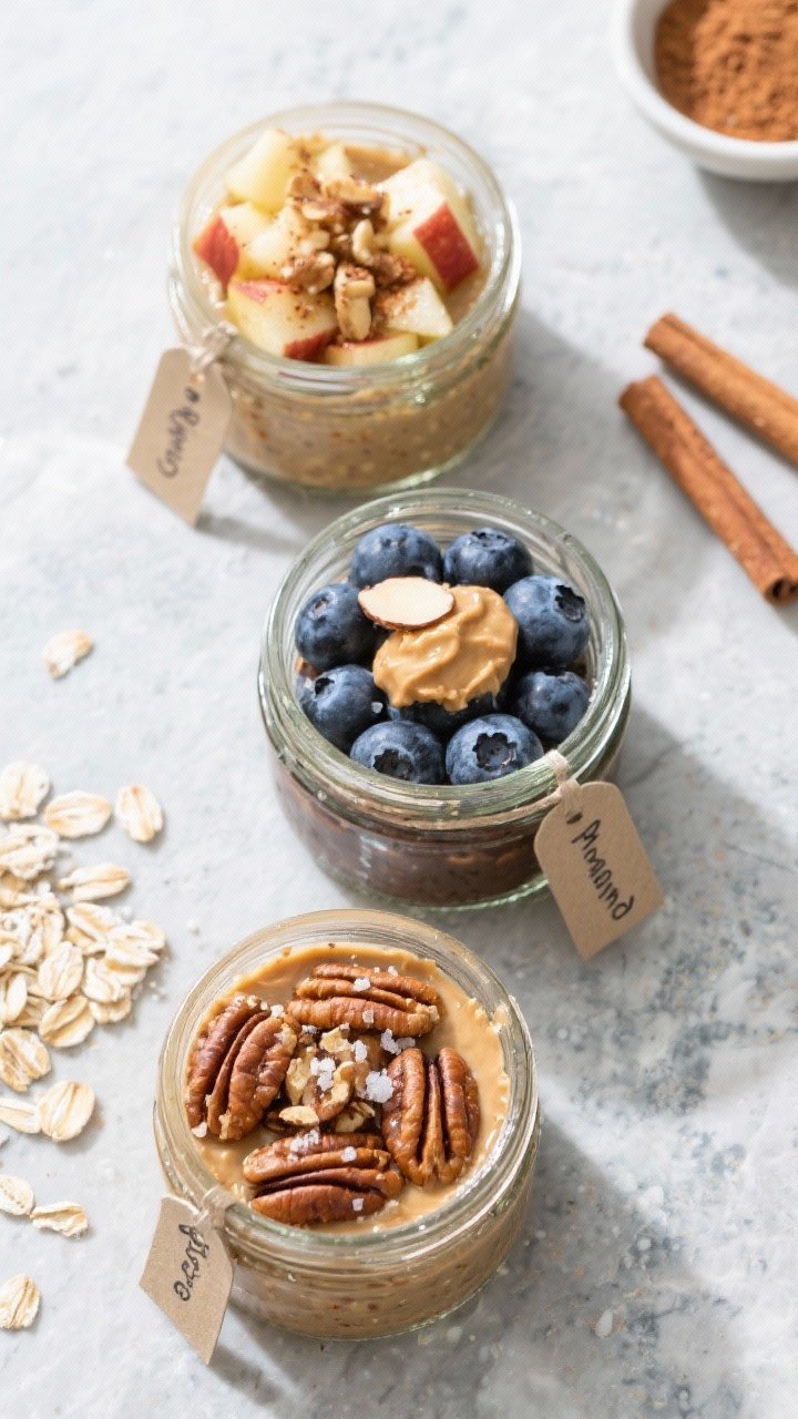 Tasty top view: Overhead shot of three make-ahead jars arranged on a cool-toned stone surface, each 