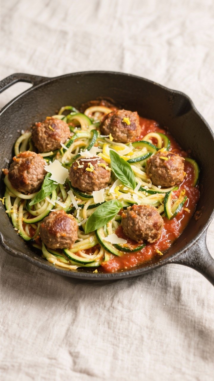 Tasty top view: Overhead shot of zoodles just sautéed to tender-crisp in a wide skillet, topped wit