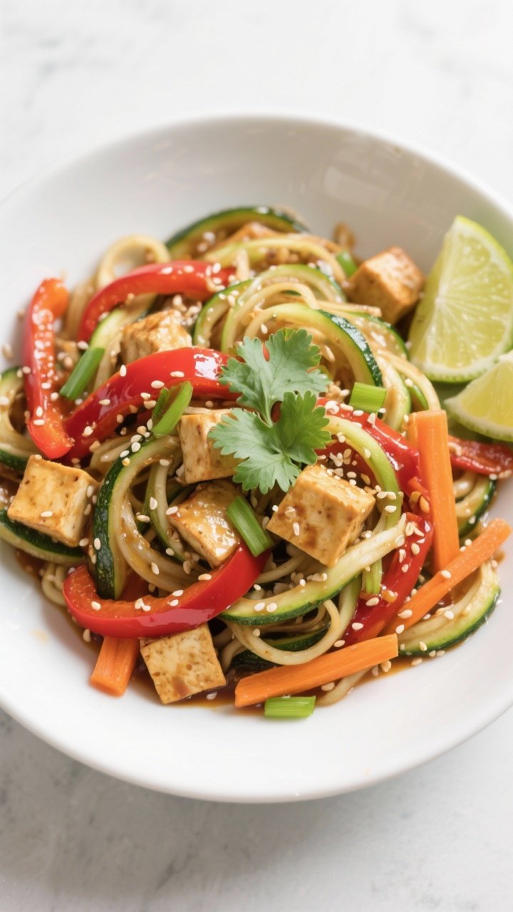 Tasty top view: Overhead shot of zucchini noodle stir-fry tossed with sesame-tahini soy sauce, showi