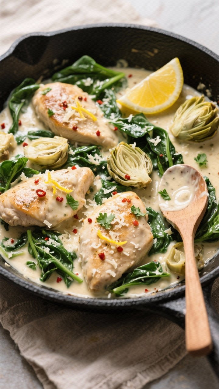 Tasty top view, overhead skillet scene: Overhead shot of Spinach and Artichoke Creamy Chicken nestle