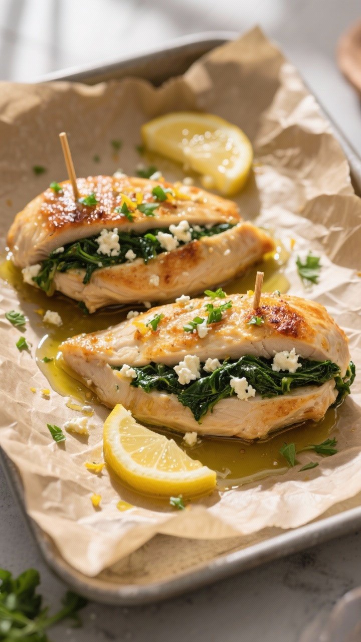 Tasty top view – post-bake resting with finishing touches: Overhead shot of freshly baked spinach 