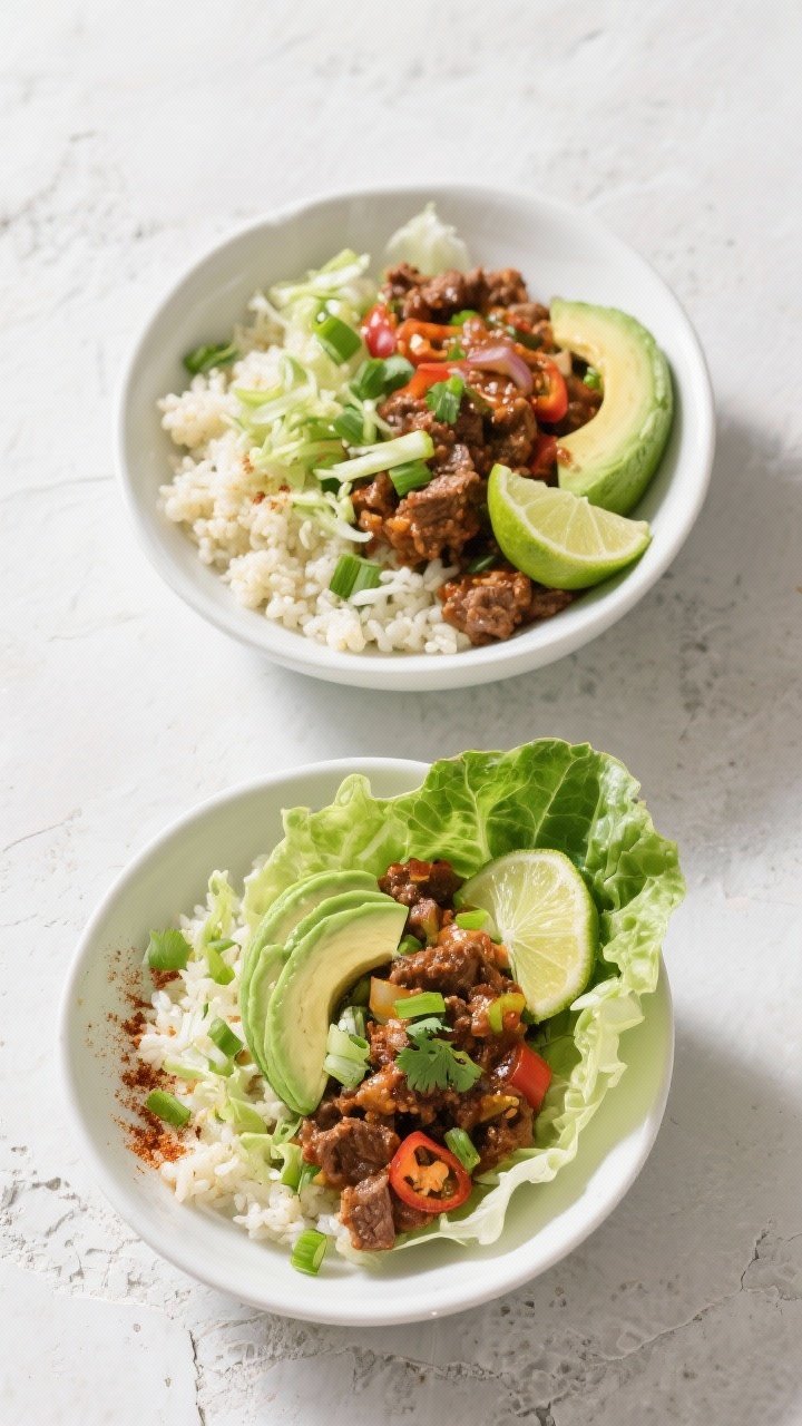 Tasty top view, serving suggestion: Overhead shot of low-carb beef taco skillet bowls assembled for 