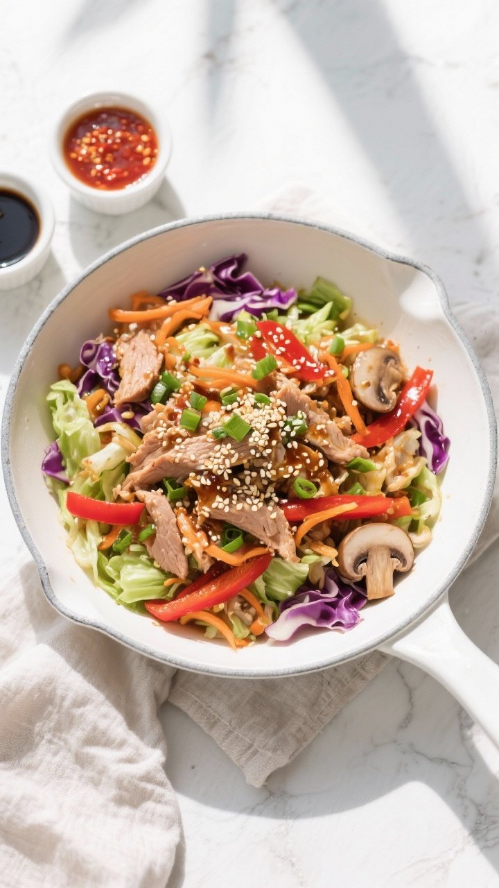 Tasty top view, vibrant mix: Overhead shot of Egg Roll in a Bowl just after seasoning—turkey, tend