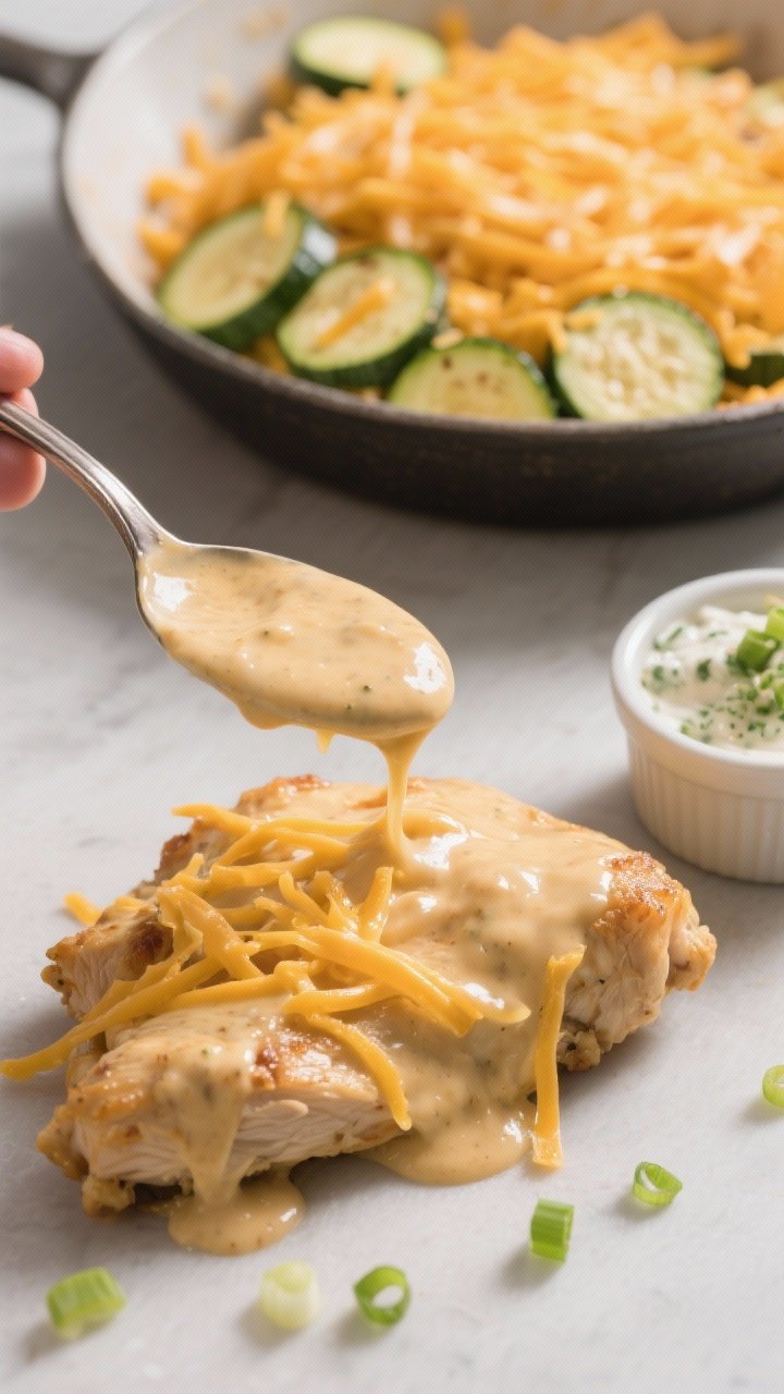 5 cups sharp cheddar, plus lightly sautéed zucchini coins; spoon mid-fold showing glossy, ultra-cre