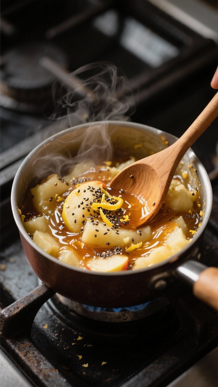 Close-up cooking process: A small saucepan on the stovetop with tender, steamy, mashed apples turnin