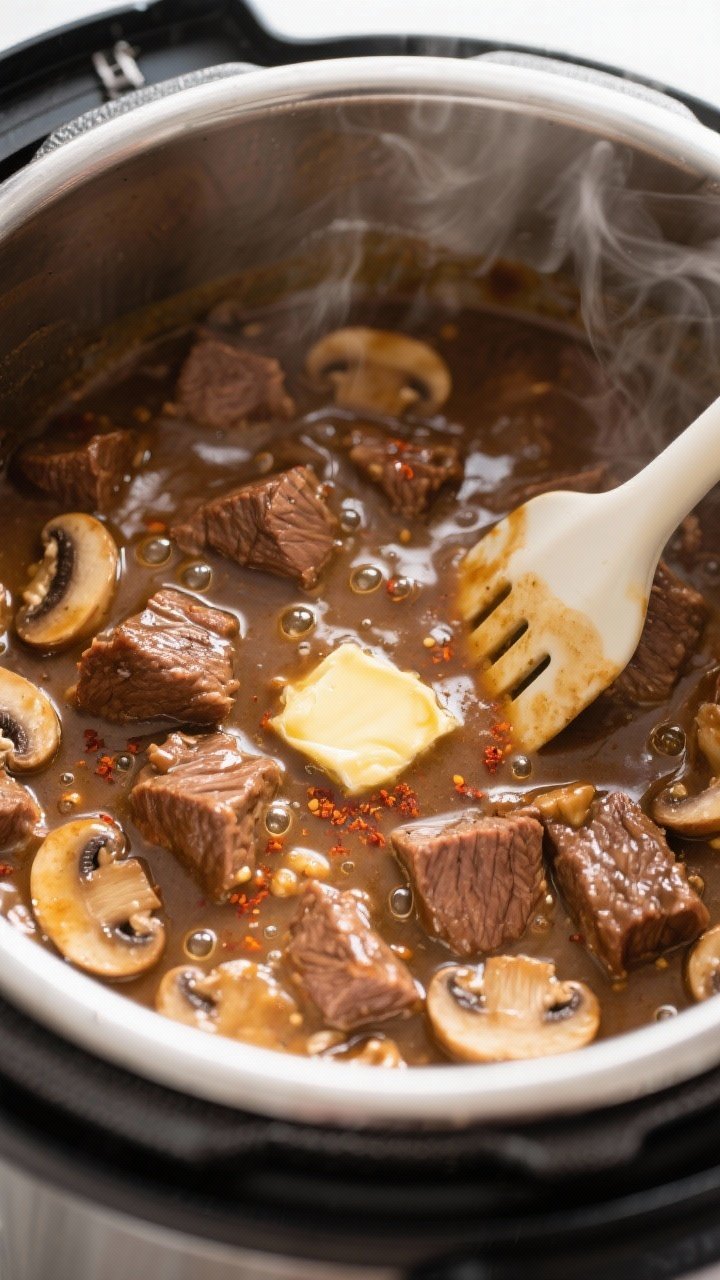 Close-up cooking process detail inside an Instant Pot: fork-tender beef chunks and sliced mushrooms 