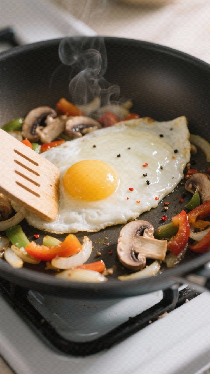 Close-up cooking process: Egg white omelet setting in an 8-inch nonstick skillet over medium-low hea