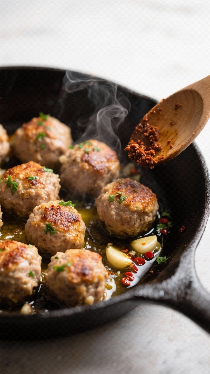 Close-up cooking process: Searing garlic-butter turkey meatballs in a black cast-iron skillet, golde