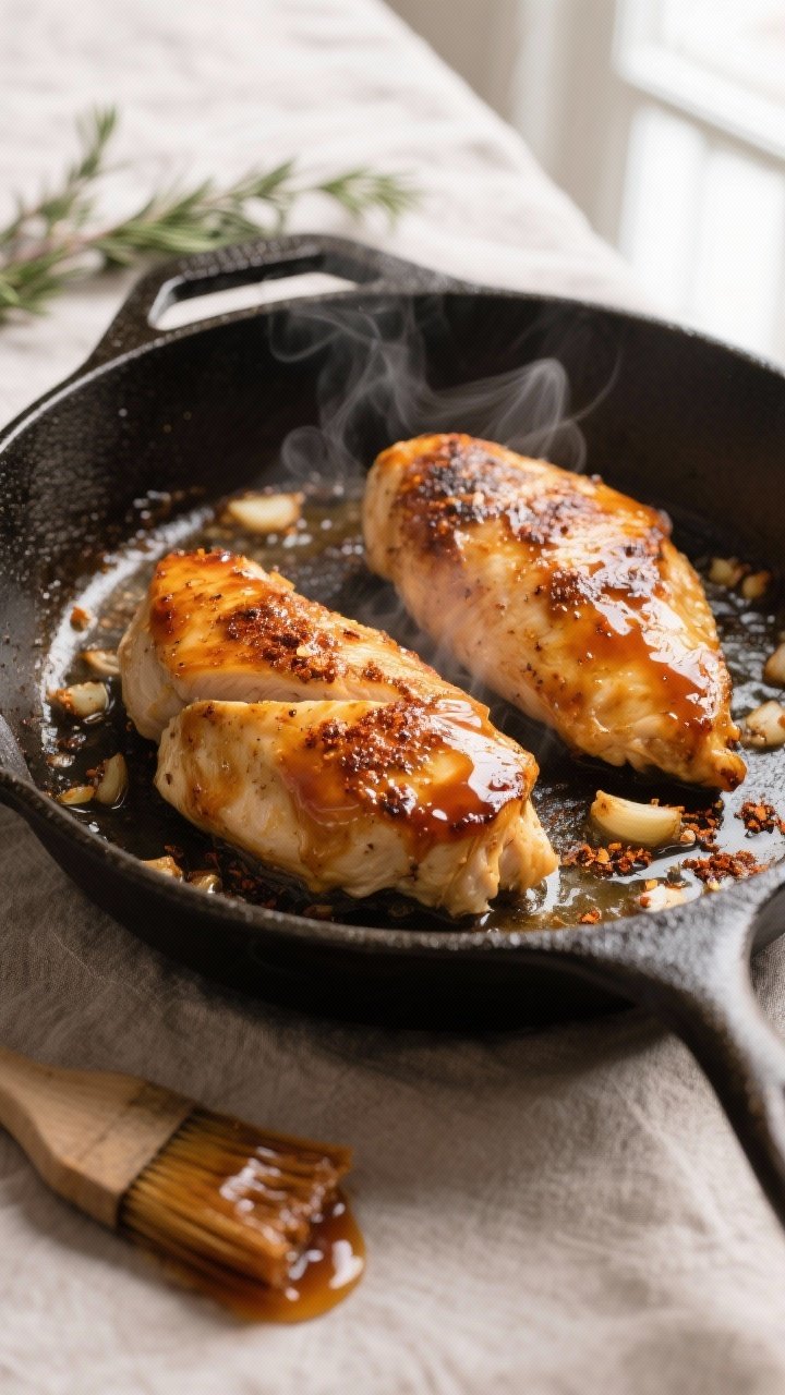 Close-up cooking process: Searing Maple Dijon glazed chicken breasts in an oven-safe skillet, mid-ca