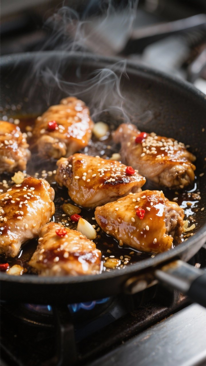 Close-up cooking process shot: Bite-sized chicken thighs searing in a large skillet over medium-high