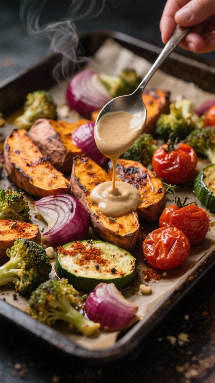 Close-up cooking process shot: sheet pan of roasted vegetables just out of a 425°F oven—golden-br