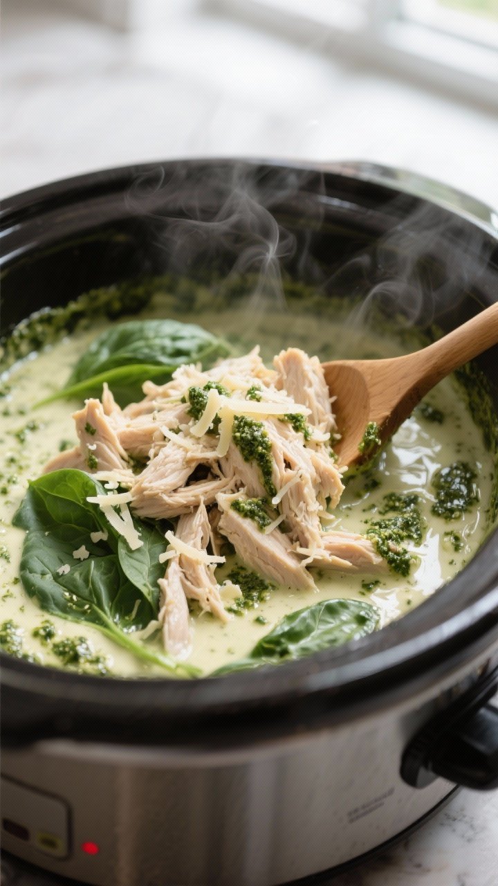 Close-up cooking process: Shredded crockpot chicken being folded back into a creamy pesto sauce insi