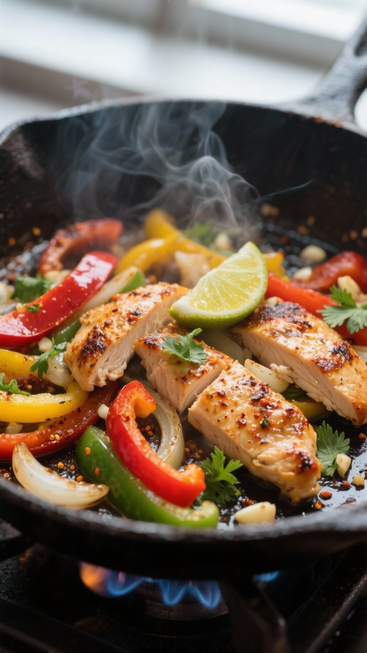 Close-up cooking process: Sizzling chicken fajita skillet mid-cook, thin strips of golden-seared chi
