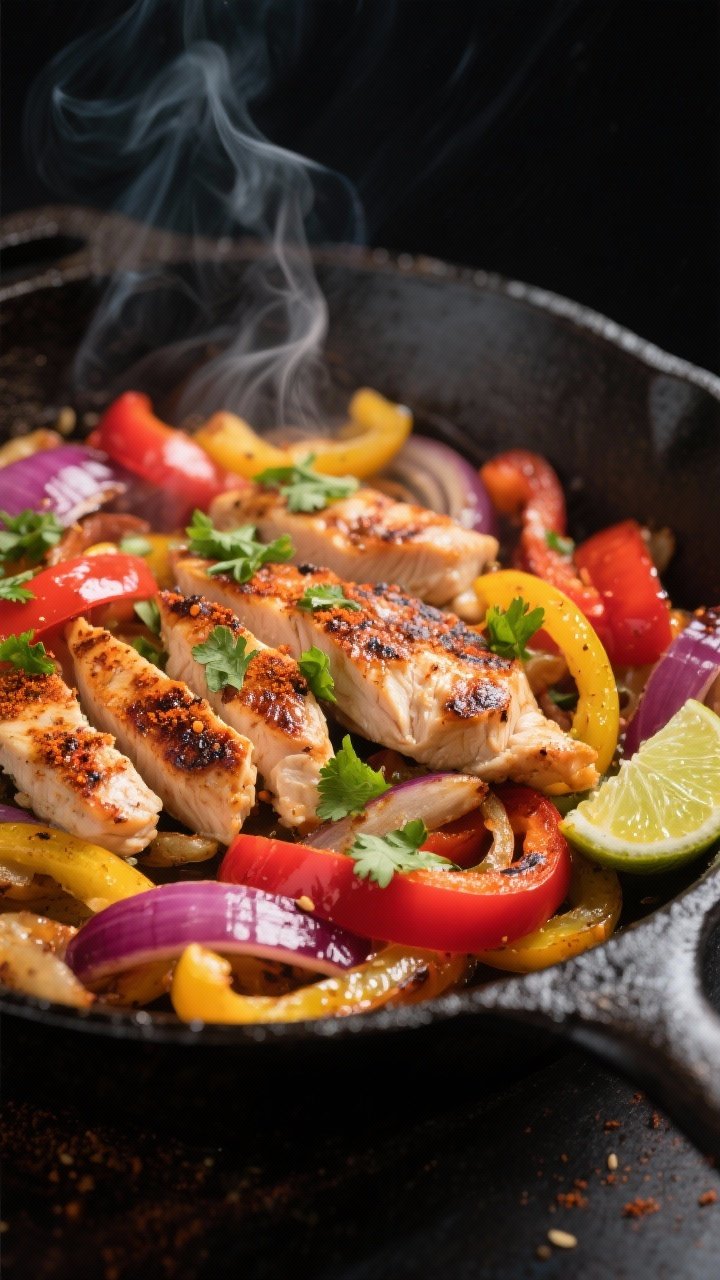 Close-up cooking process: Sizzling chicken fajitas in a cast-iron skillet, showing thinly sliced, li