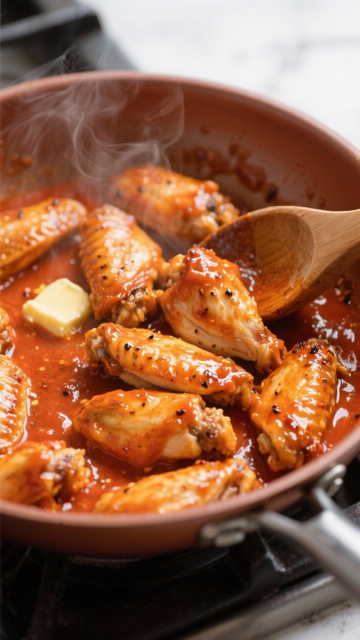 Close-up cooking process: Sliced sautéed chicken being tossed in a glossy orange-red buffalo sauce