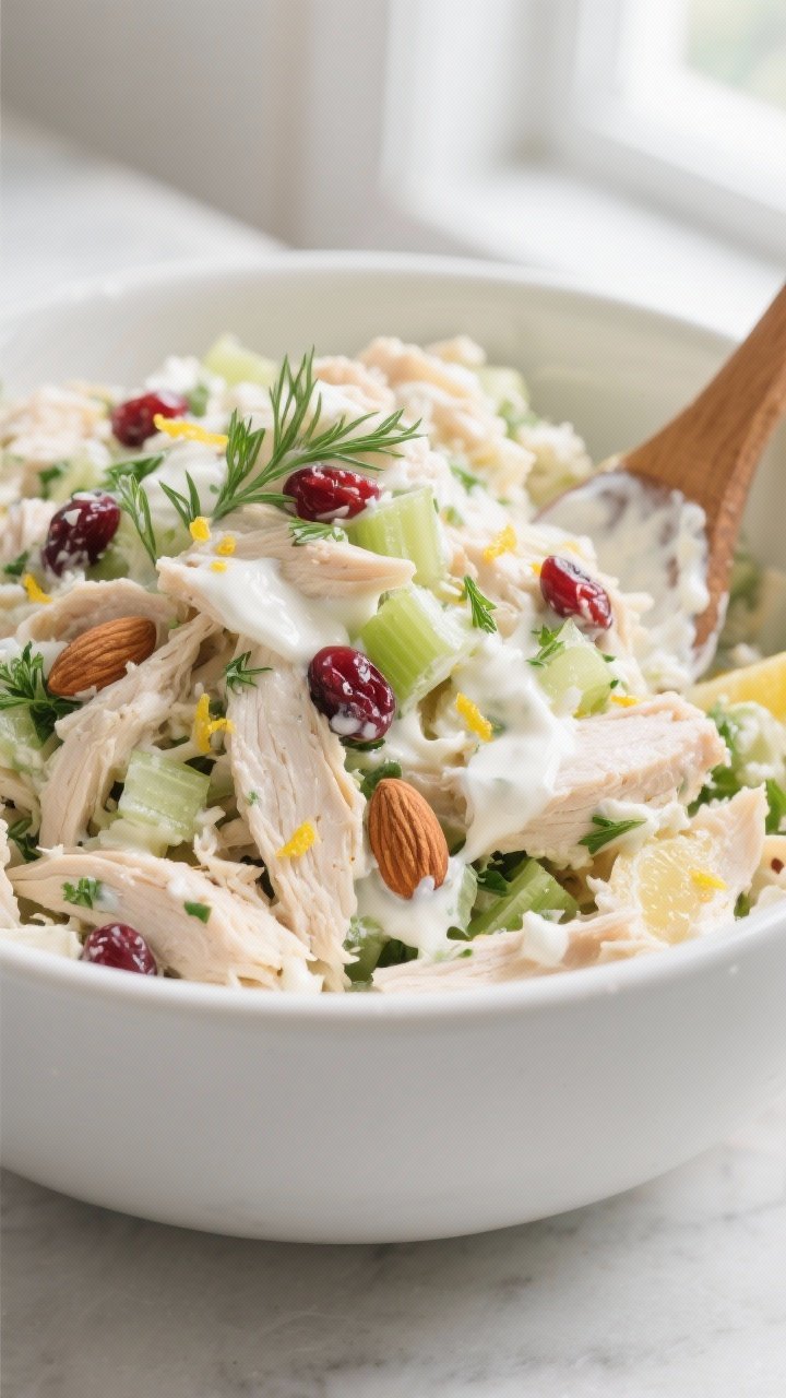 Close-up detail: A mound of Greek Yogurt Chicken Salad just folded together in a large matte-white m